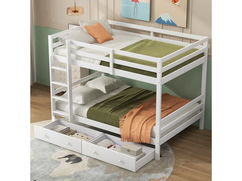  Lit superposé 140x200 en bois massif blanc, lit enfant avec tiroirs et barrières de sécurité, gain de place pour chambre  - Conforama R