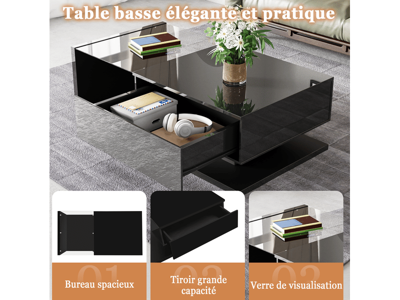  Table basse 105x55x32,5 cm avec plateau en verre trempé et led 16 couleurs, pour salon, panneau de particules, noir  - Conforama D