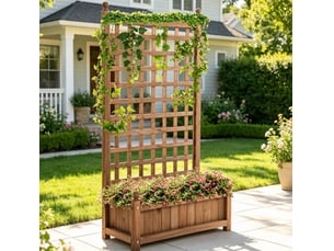 Jardinière avec treillis 64x28x120 cm, bois naturel, support vertical pour fleurs, plantes grimpantes et légumes