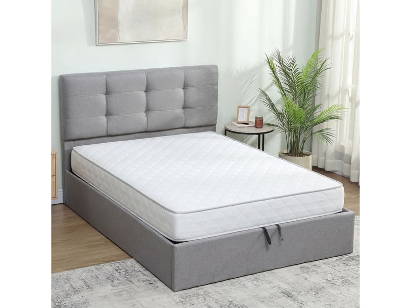Lit coffre 140x190 capitonné gris avec tête de lit rembourrée et rangement sous sommier - Conforama D