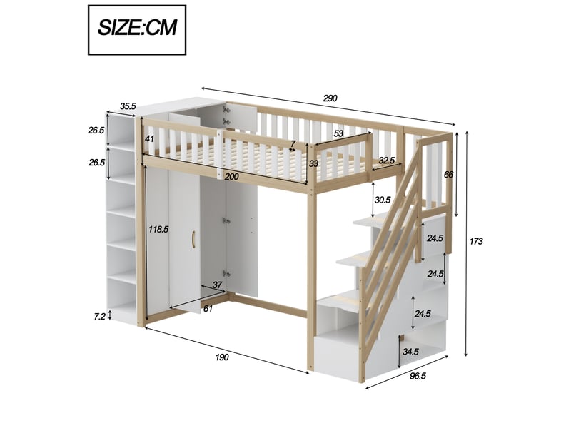 Lit mezzanine 90x200 cm, lit enfant, armoire, rangement, escalier sécurisé, bois et mdf, blanc et naturel, sans matelas  - Conforama C