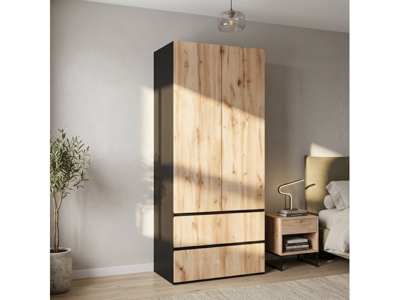Armoire 2 portes 90 x 50 x 200 cm en mdf et panneau de particules, 2 tiroirs et penderie pour votre intérieur - Conforama B