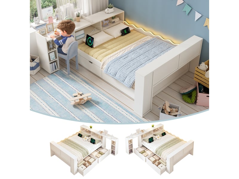 Lit combiné 140 × 190 cm avec bureau coulissant, 2 tiroirs, prises et led Fay Lum - Conforama B