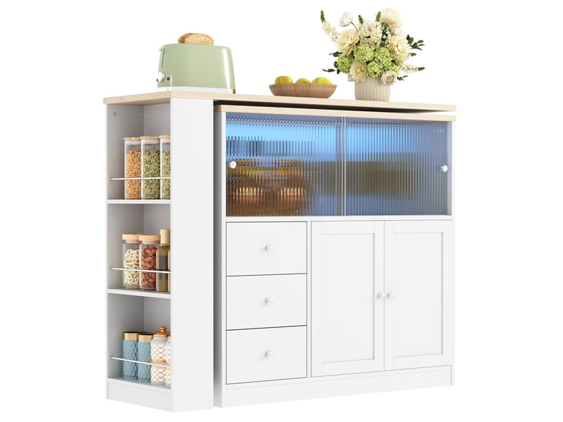  Îlot de cuisine plateau extensible avec 3 tiroirs et 4 portes 172x40x96 cm, roulettes verrouillables, pivotant en mdf c  - Conforama A
