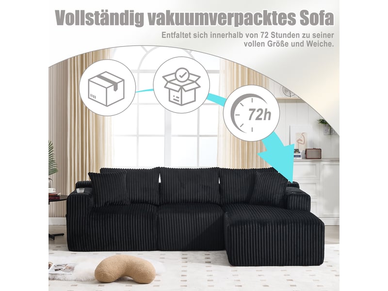 Canapé d’angle réversible 3 places en velours côtelé noir, 257 cm, sans montage W2845S00162 - Conforama D