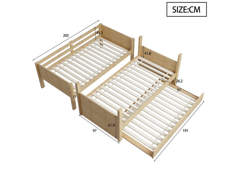 Lit superposé 90x200 cm convertible naturel, lit enfant 3-en-1 avec lit gigogne, 2 lits simples séparables, échelle sécurisée et sommier inclus - Conforama D