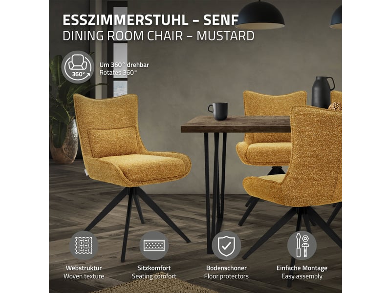  Ml-design lot de 2 chaises salle à manger pivotantes 360° en tissu bouclette moutarde, piètement étoile en acier, coussin lombaire intégré, siège rembourré confortable pour salon et cuisine, 120 kg  - Conforama B