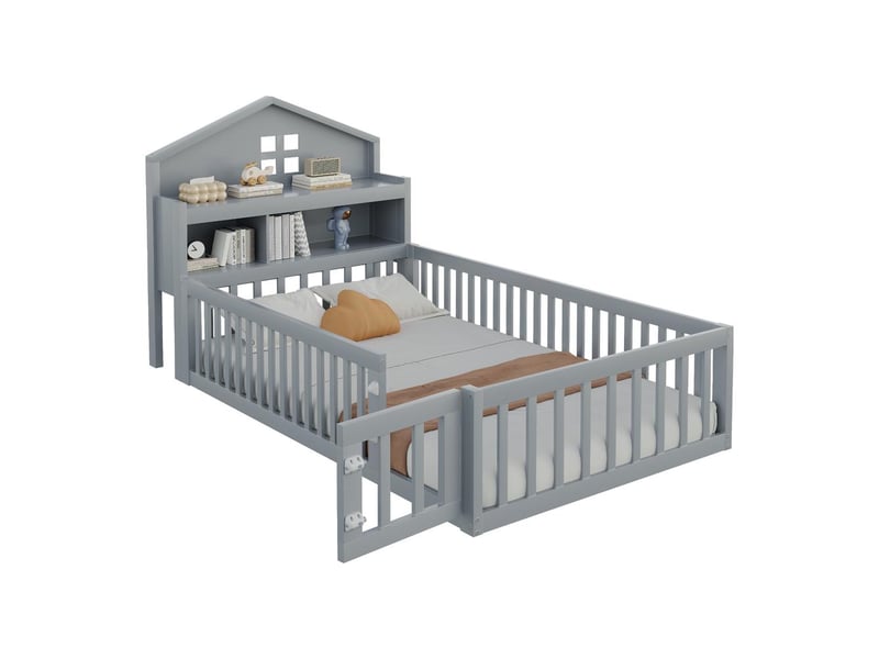  Lit enfant en bois massif 90x200 cm, avec cadre maison, étagères, rangement, barrière de sécurité et porte, gris  - Conforama A