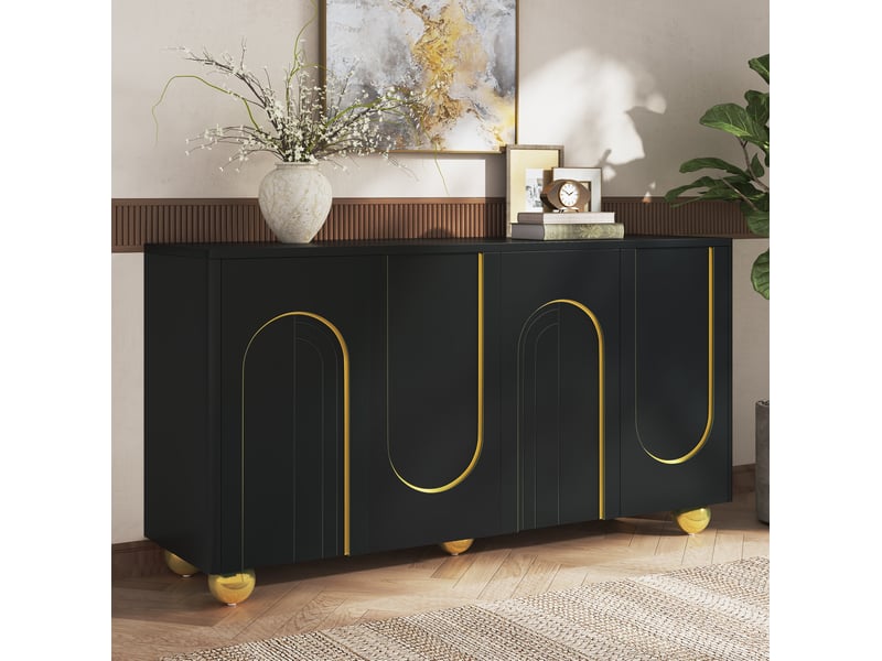  Buffet 4 portes 140x40x74 cm avec décor arche doré, mdf et panneaux de particules noir  - Conforama D