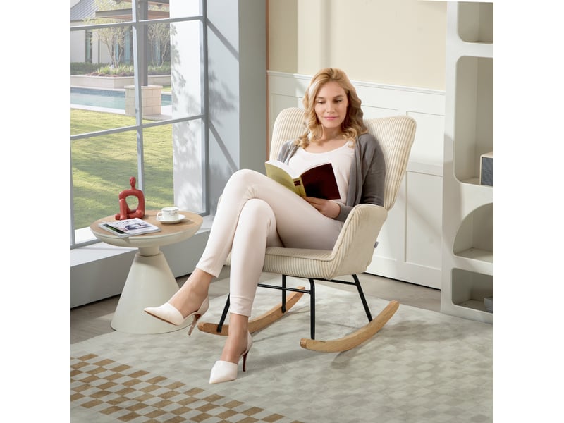  Fauteuil à bascule vintage, patins incurvés, rembourrage épais, bois de hêtre et acier, beige  - Conforama D