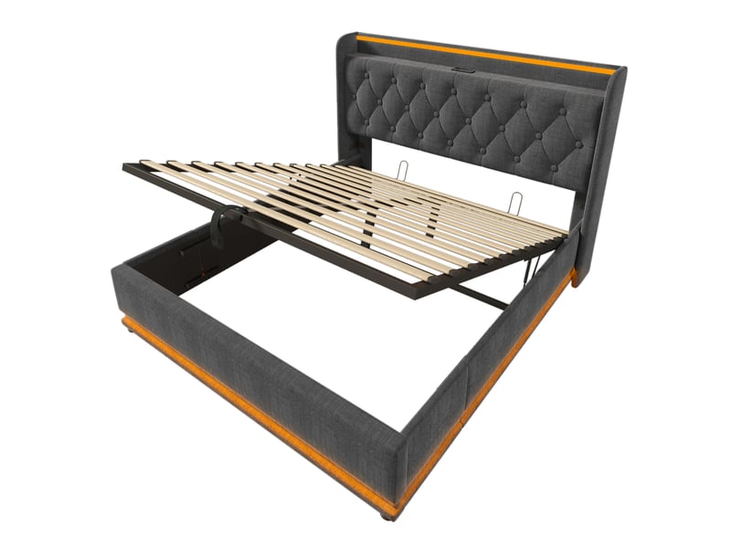  Lit coffre adulte 160x200 cm – gris – led 360°, rangement hydraulique, usbtype-c intégrés, avec matelas  - Conforama D