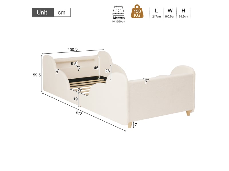  Lit enfant 90x200 cm avec barrières rembourrées, veilleuse et ports usb, bouclé beige  - Conforama E