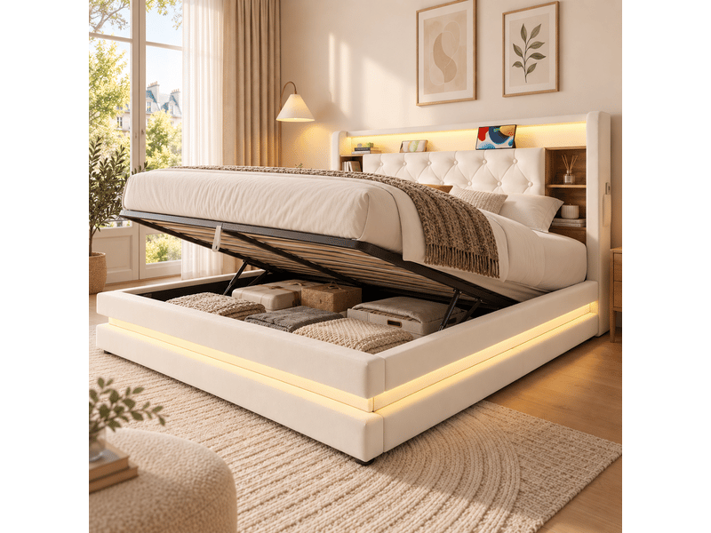  Lit coffre 160x200 lit rembourré avec tête de lit multifonction, led, 2 usb et usb-c, sommier à lattes, velours blanc écru Morn Vibe - Conforama C