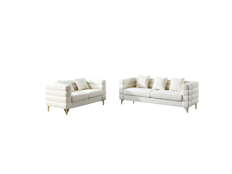 Canapé nuage blanc en tissu bouclette, 205,7 x 81 x 71 cm, pieds en métal doré, coussins décoratifs, dossier ondulé - Conforama A