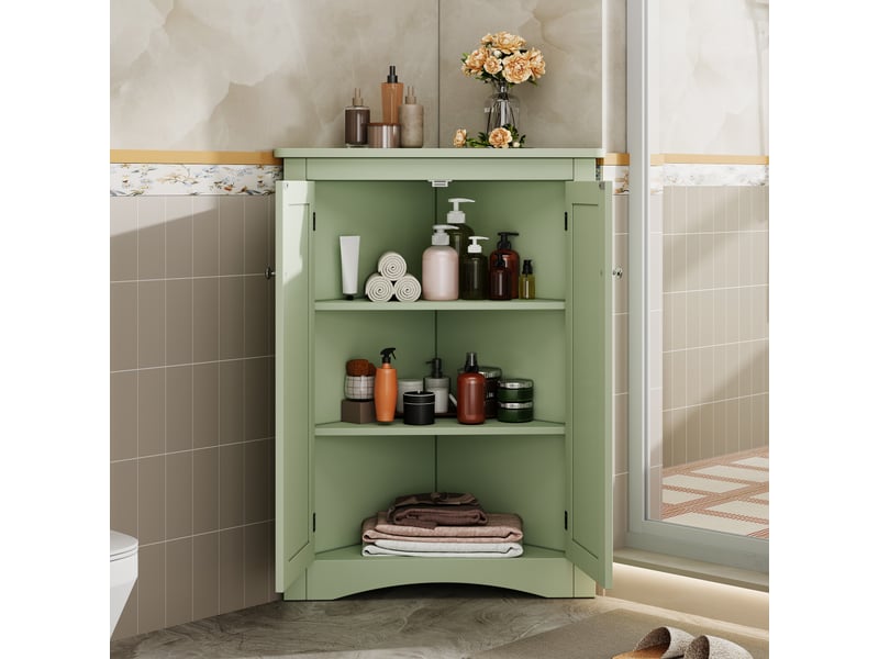  Meuble d'angle triangulaire avec porte en verre ondulé, étagère ouverte, éclairage led intégré et étagères réglables  - Conforama E