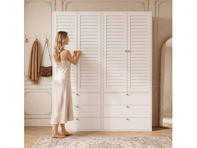  Armoire 4 portes avec 6 tiroirs et 2 tringles à vêtements, portes à lamelles blanches pour chambre 180 × 50 × 200 cm  - Conforama D