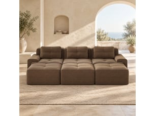 Canapé d'angle modulable 3 places avec fonction couchage et 3 poufs en velours côtelé marron, 293 × 177 × 69 cm