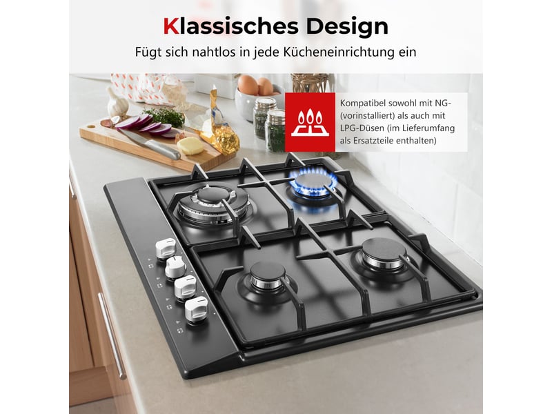 Plaque de cuisson gaz 4 feux, plaque gaz émaillée noire 58 cm, allumage automatique, gaz naturel ou propane, encastrable ou posable - Conforama B