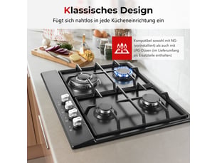 Plaque de cuisson gaz 4 feux, plaque gaz émaillée noire 58 cm, allumage automatique, gaz naturel ou propane, encastrable ou posable