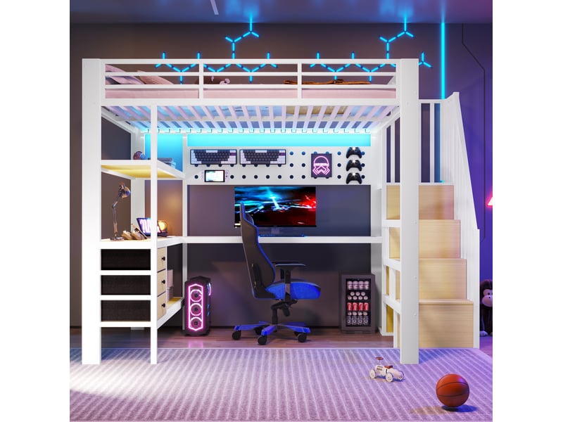  Lit mezzanine 140x200 cm avec bureau, rangements et led blanc  - Conforama E