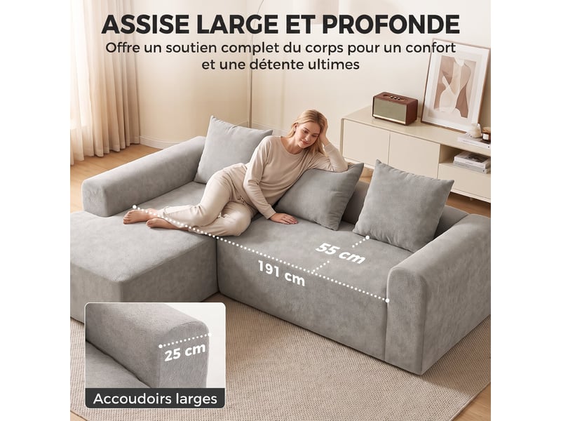 Canapé d'angle en chenille, canapé 3 places en l 242 cm avec méridienne, assise profonde, accoudoirs larges, gris clair - Conforama R