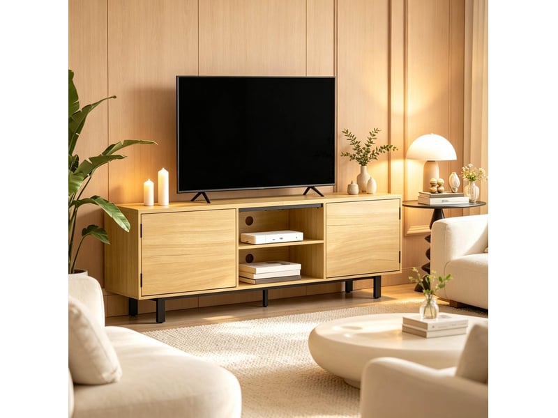  Meuble tv modenvie 160 cm 2 portes push-open 2 niches coloris naturel et noir  - Conforama B