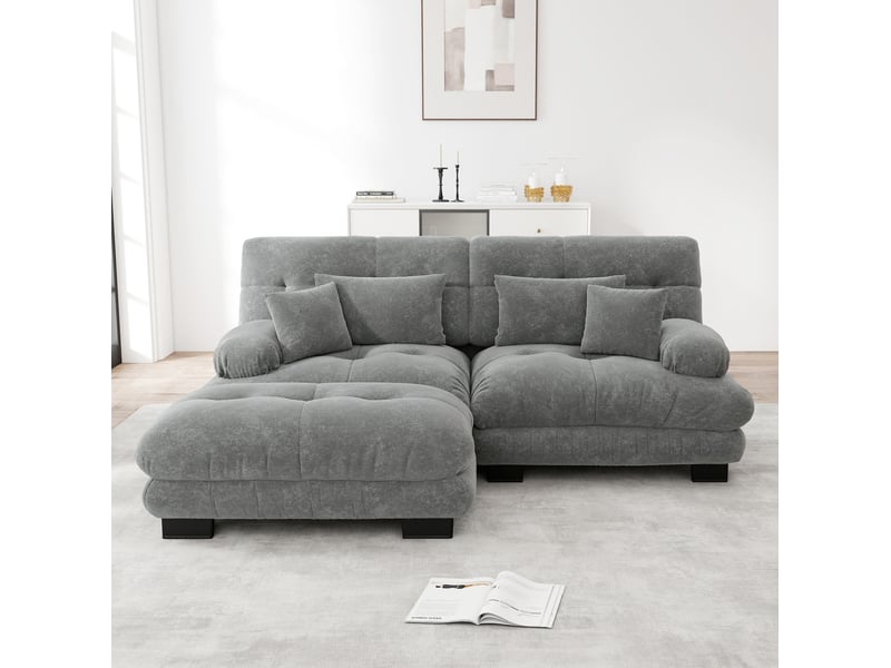  Canapé d’angle modulable 220x145x81 cm, grands accoudoirs et pouf, 2 coussins décoratifs, chenille gris  - Conforama B