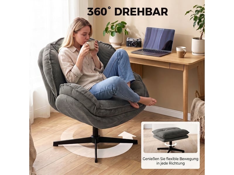  Fauteuil de relaxation pivotant avec repose-pieds chenille gris 86x74x85 cm  - Conforama E