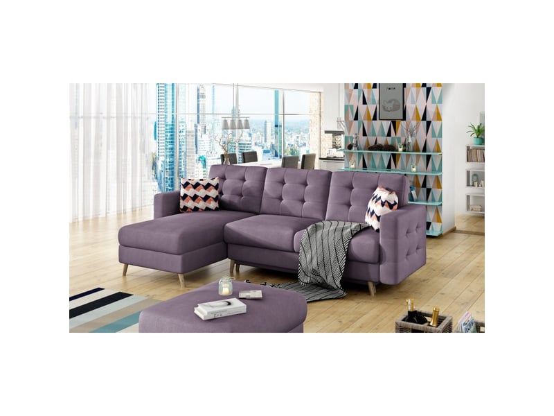 Canapé d'angle convertible hasgard 3 places violet 248x162 cm – coffre et pieds bois - Conforama D
