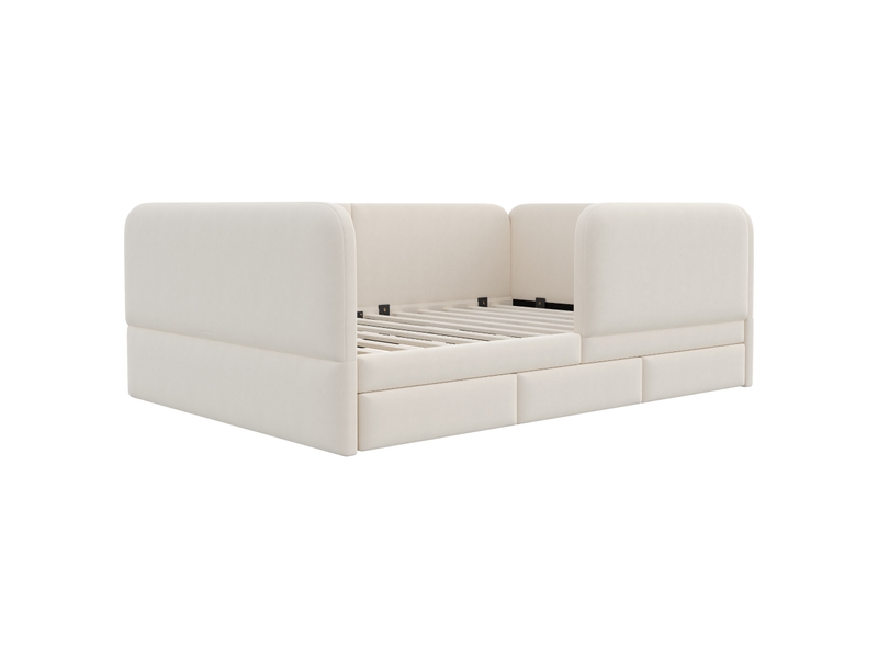  Lit enfant 140×200 cm avec garde-corps complet, tiroir de rangement et coins arrondis, beige  - Conforama D