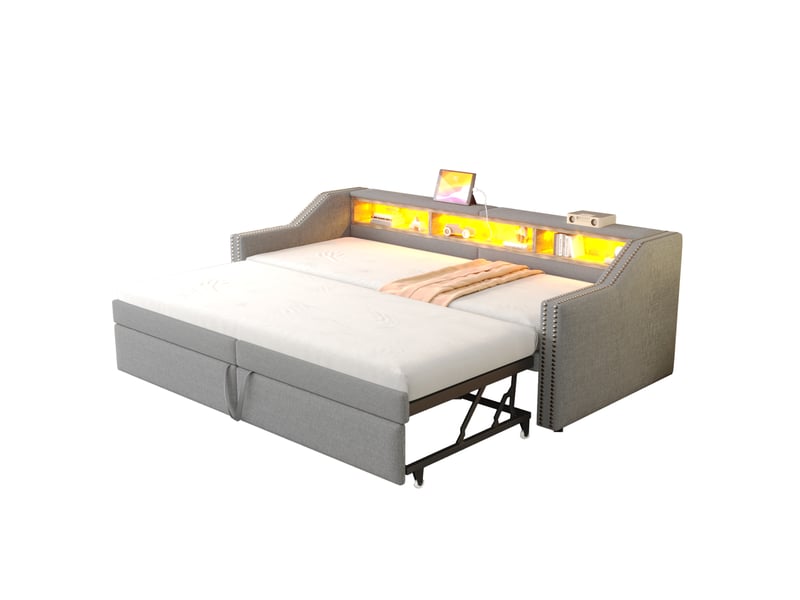  Modenvie canapé-lit gigogne 90180x200 cm - led, usb et rangements latéraux - avec 2 matelas - gris  - Conforama A