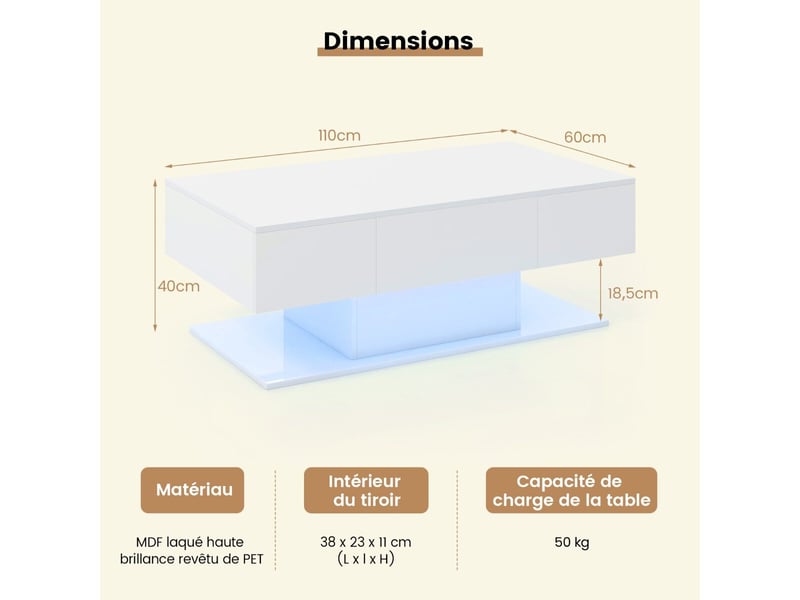  Design blanc laqué brillant table basse led télécommande 2 tiroirs et étagère rangement 110x60x40cm pour salon moderne  - Conforama C