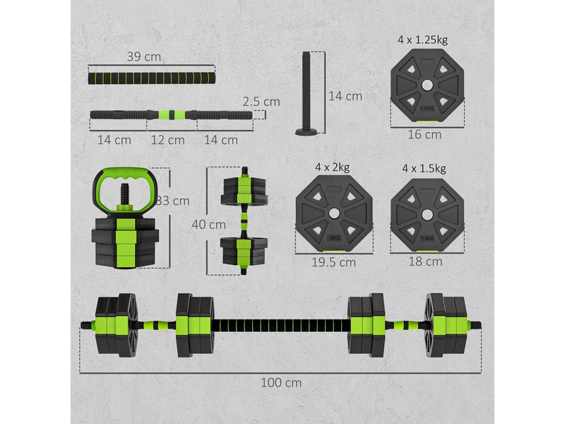  Ensemble de poids de musculation multifonction 6 en 1, 20 kg au total, en plastique et sable, 125 x 18 x 18 cm, vert  - Conforama E