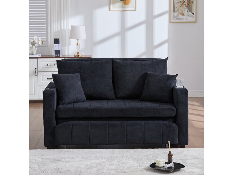  Canapé-lit 139x83x58 cm convertible avec rangement latéral, chenille noir  - Conforama D