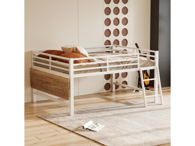 Lit mezzanine 2 places 140x200 cm en métal blanc, lit enfant adulte avec bureau pliant et led - Conforama B