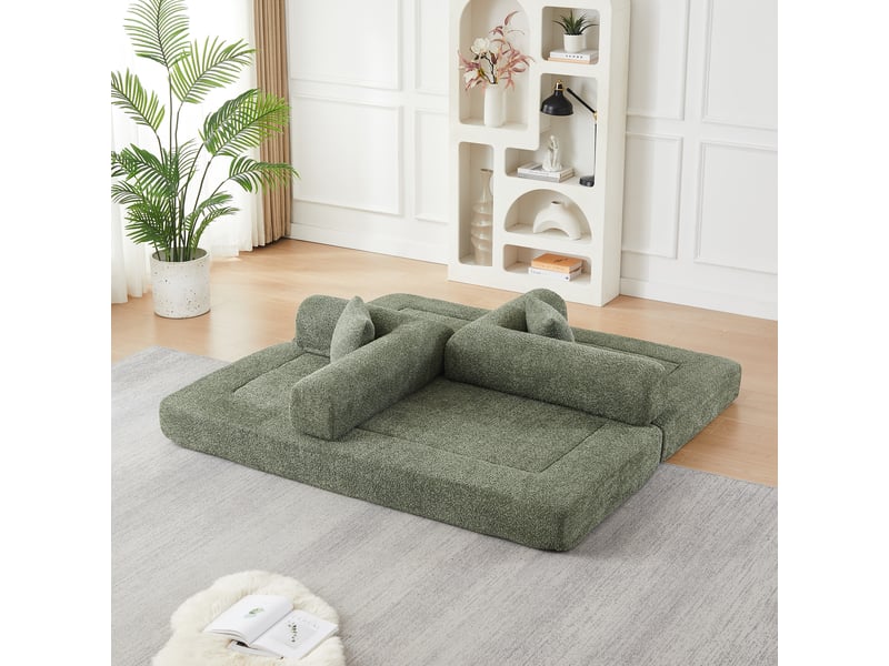  Canapé-lit modulaire convertible en chenille, dossier réglable, 4 configurations, sans montage, 4 coussins, vert  - Conforama E