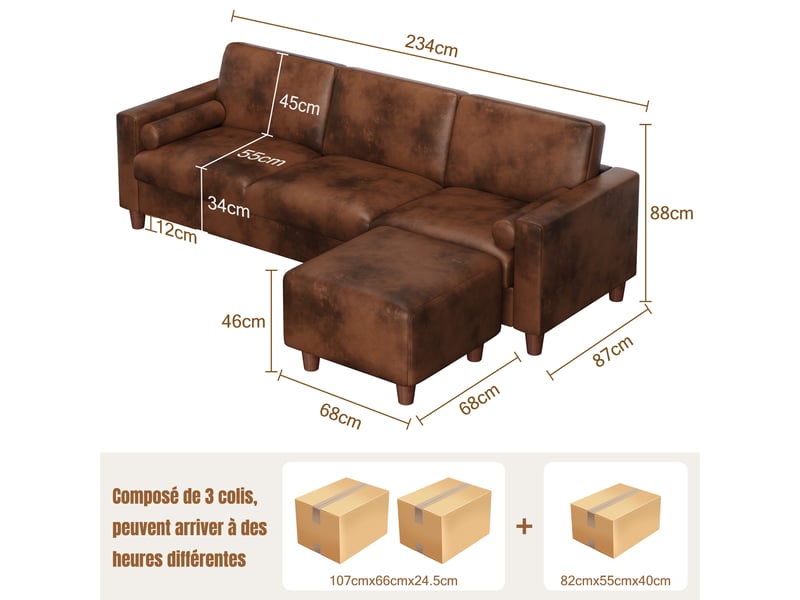 Canapé 3 places en cuir pu, 234 cm avec repose-pieds et 2 coussins, capacité 365kg, pieds bois massif 234x87x88 - Conforama E