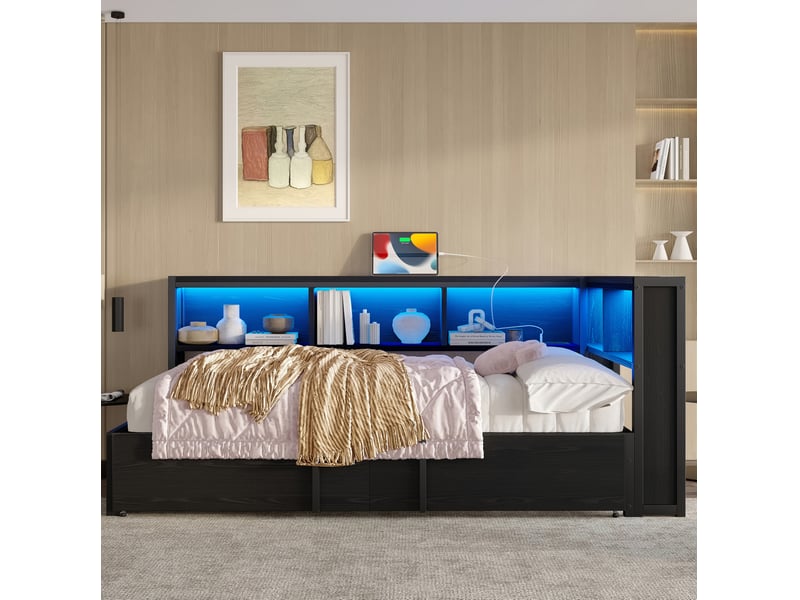  Modenvie lit banquette gigogne 90x200 cm - avec rangements, led et ports usb - pour petit espace - noir  - Conforama E