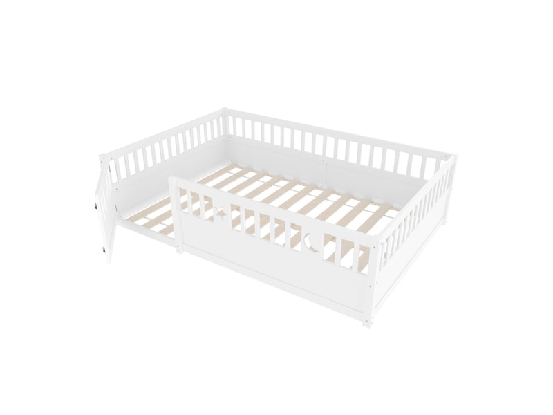  Lit enfant 140x190, lit avec barrière de sécurité en bois de pin, cadre avec décoration étoile et lune, blanc, sans matelas  - Conforama W