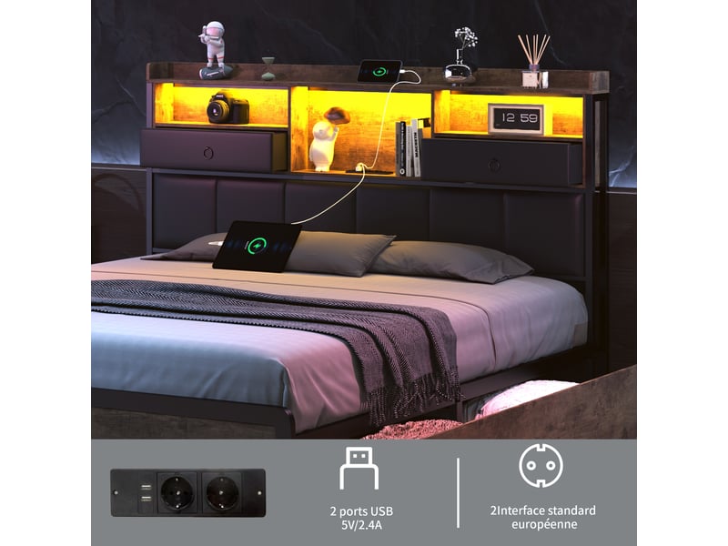 Lit 160x200 avec rangement , tête de lit multifonction avec led, usb et coffre, structure métallique en style industriel, sans matelas - Conforama D