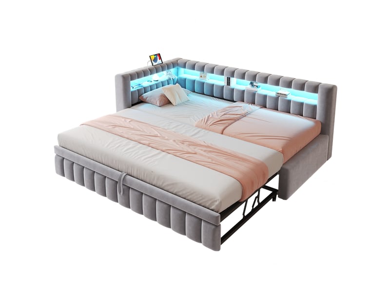 Modenvie canapé-lit gigogne 90x200 cm - led, ports usb-c et rangement intégré - pour petit espace - gris