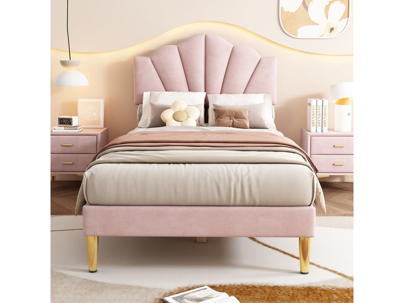  Lit enfant 90 x 200 cm rose velours avec tête de lit réglable  forme de coque + pieds  métal lit enfant rose - Conforama B