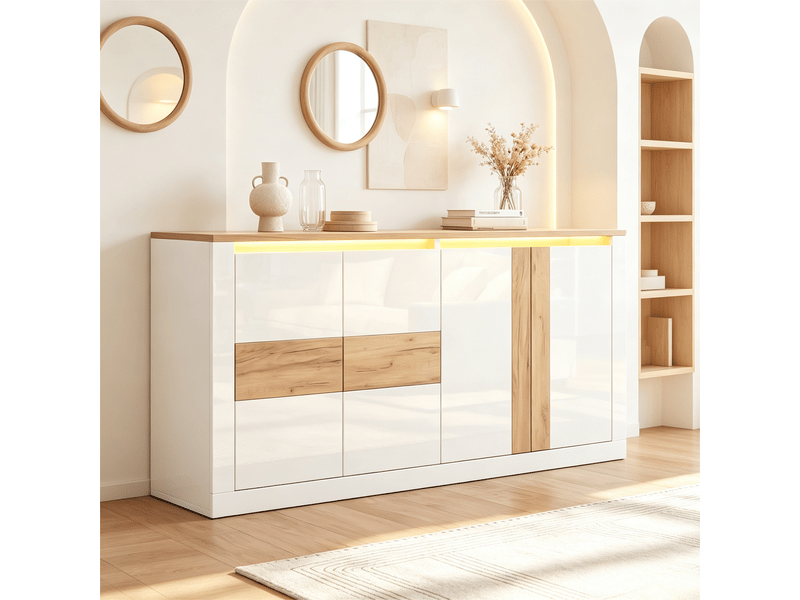 Buffet led blanc brillant effet chêne, meuble en mdf à 4 portes avec étagères réglables, commande mobile et vocale, 140 x 35 x 70 cm - Conforama D