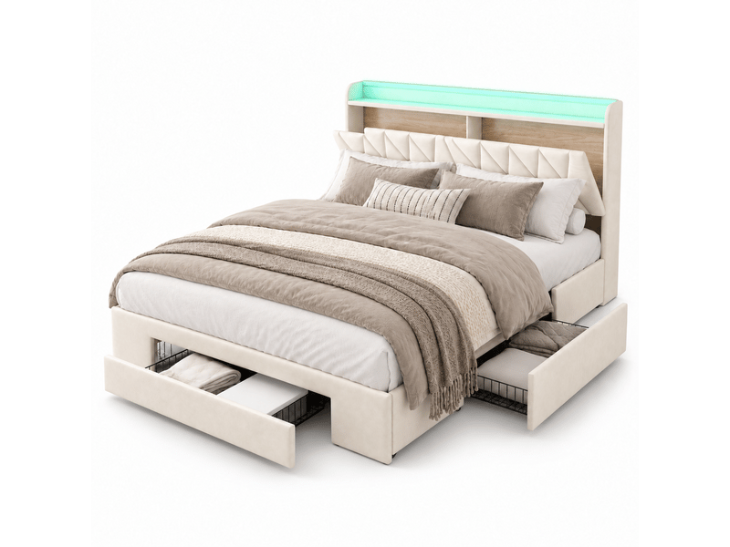  Lit 2 personnes 140x190 cm avec 3 tiroirs de rangement, lit adulte avec led et ports usb type-c, sommier à lattes, velours, beige  - Conforama A