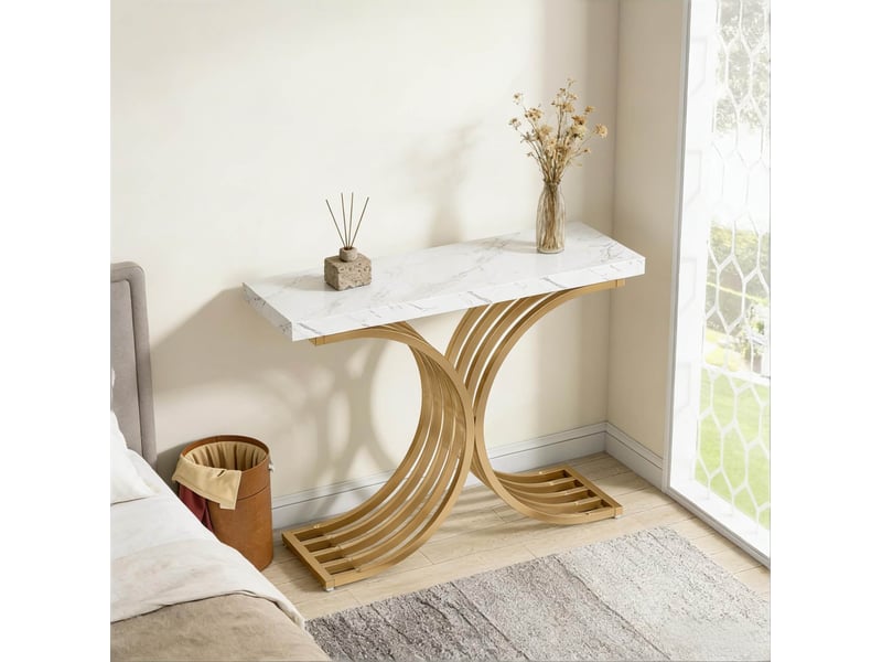  Table console 100 x 30 x 80 cm, plateau effet marbre et structure métal doré  - Conforama D
