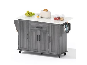 Îlot de cuisine 136x70x92 cm, desserte extensible avec portes, tiroirs, porte-épice, porte-serviette et étagères, mdf, gris