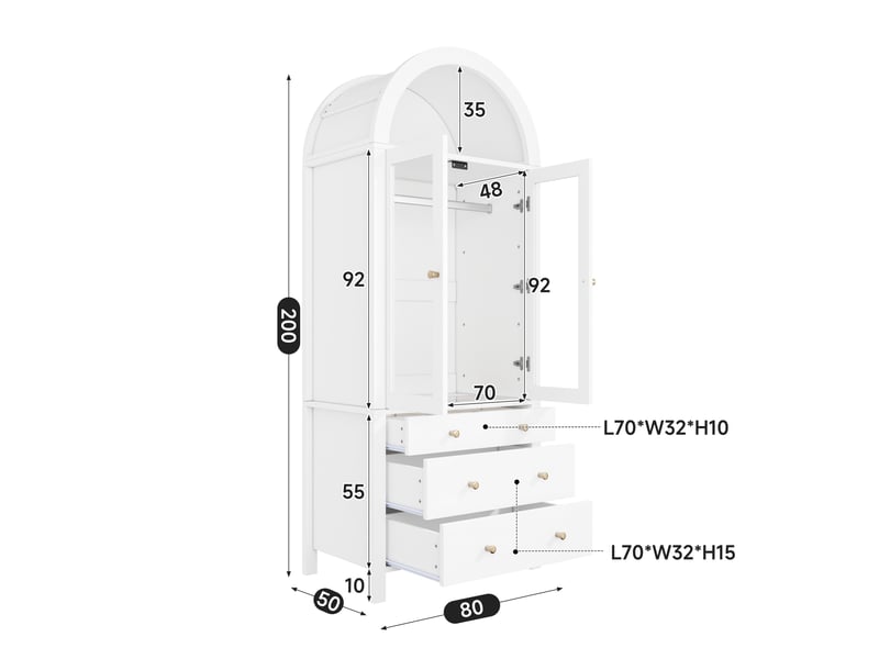  Armoire penderie 80x50x200 cm, dressing de chambre moderne avec éclairage led, sommet arqué en mdf, avec portes et verre, blanc  - Conforama E