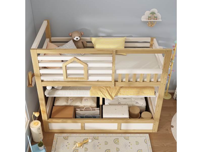  Lit superposé enfant - lit cabane enfant - rangement hydraulique - fenêtre et garde-corps - 2 couchages 90x200 cm - blanc et chêne  - Conforama C