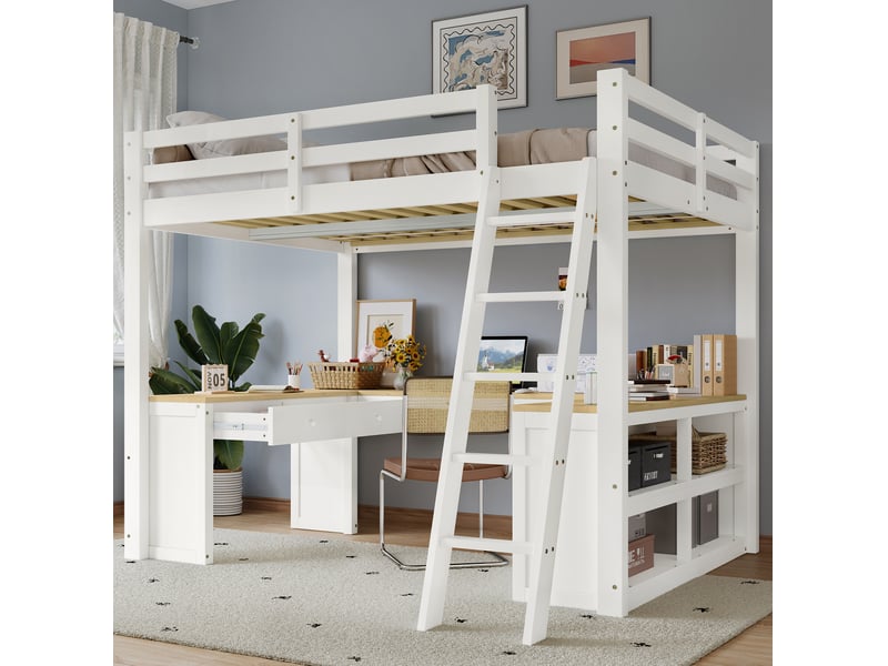  Lit mezzanine enfant 140x200 cm avec bureau en u, 2 tiroirs, rangement, bois, mdf, panneau de particules, blanc et naturel sans matelas  - Conforama B