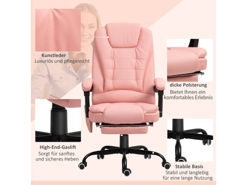  Chaise de bureau ergonomique avec massage 7 points, inclinable, télécommande, rose, 120 kg  - Conforama D